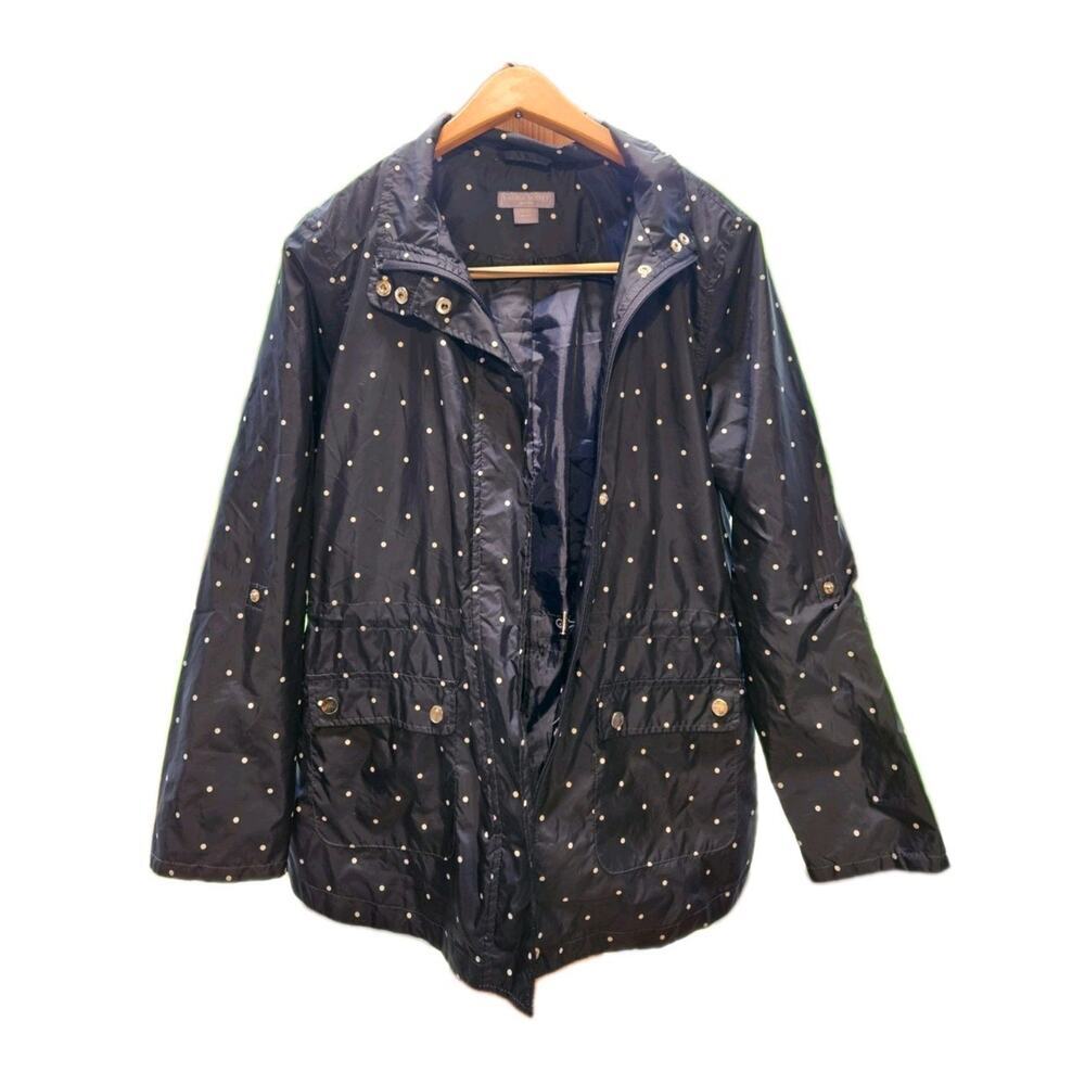 Laura Scott Petite MP Navy/White Polka Dot Zip Snap Rain Jacket Drawstring Waist - Picture 2 of 5